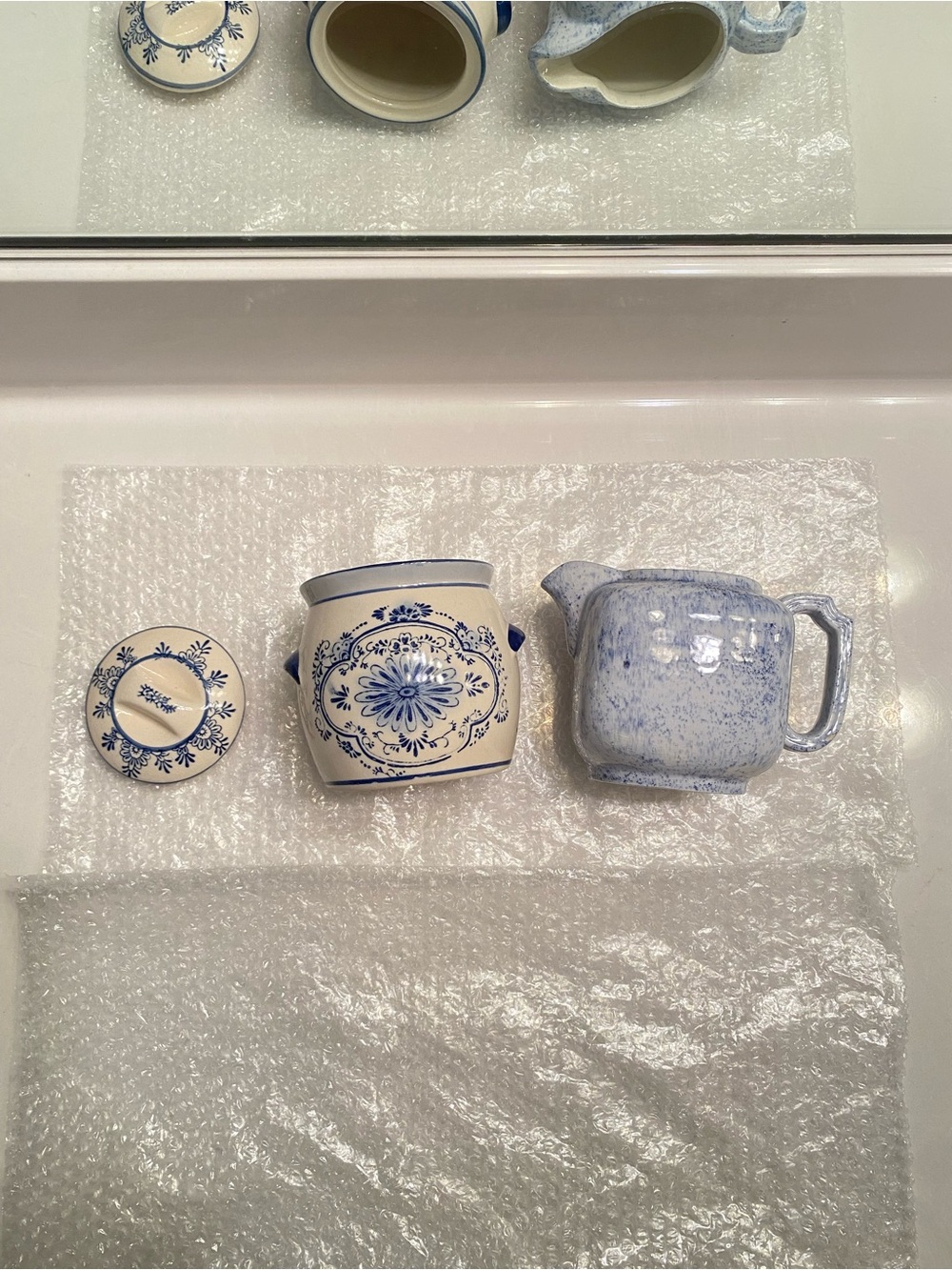 Blue Floral Ceramic Sugar Jar and Speckled Creamer Set - Home Art